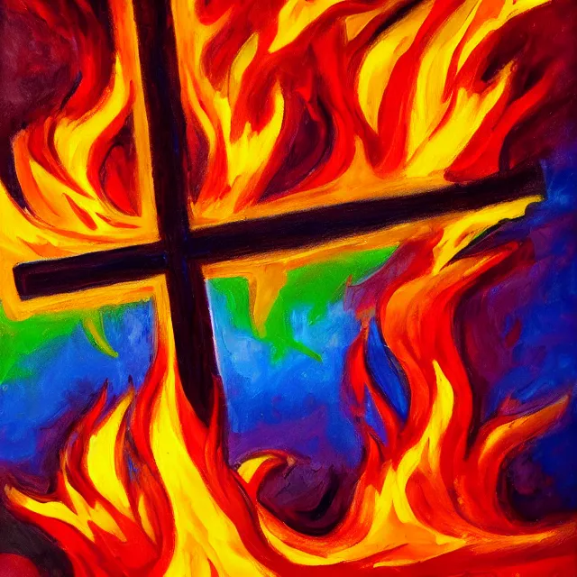 Image similar to cross in flames, fire burning in rainbow colors, oil painting, bold strokes