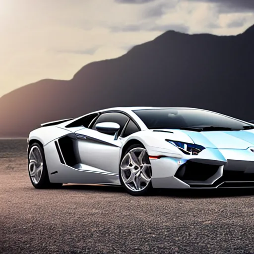 Image similar to A beautiful silver Lamborghini aventador on the beach, 8k, ray tracing reflections