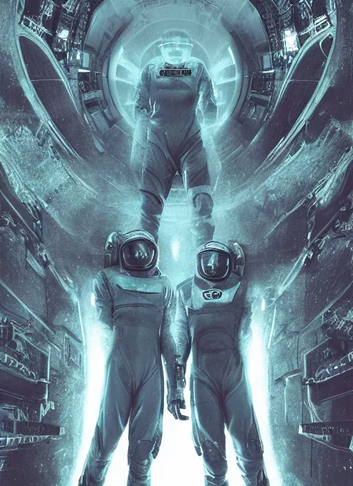 Prompt: astronauts in dark and empty void underwater - complex and hyperdetailed suit. reflection and dispersion materials. rays and dispersion of light. volumetric light. 5 0 mm, f / 3 2. noise film photo. flash photography. ultra realistic, wide angle. poster by wayne barlowe, hajime sorayama aaron horkey, craig mullins. dark key.