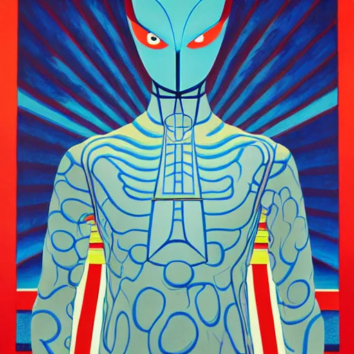 Image similar to vitruvian ultraman by james jean and shusei nagaoka, magritte painting