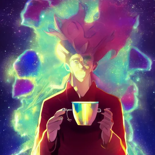 Image similar to A man drinking a cup of cosmic energy bright light by Masafumi Harada, 4k, digital art, surreal, anime style, space dandy style, highly detailed, godsend, artstation