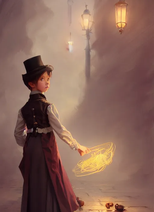 Image similar to character concept art of a victorian child magician, key visual, realistic shaded perfect face, fine details, dystopian environment and background, by stanley artgerm lau, wlop, rossdraws, james jean, andrei riabovitchev, marc simonetti, and sakimichan, trending on artstation