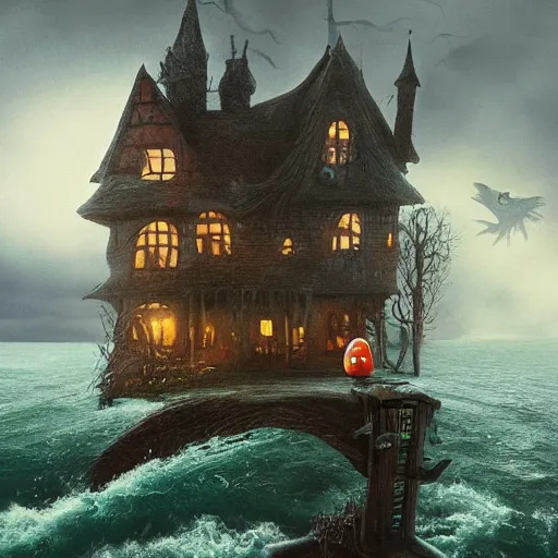 Image similar to a scary witch on a broom in front of a witch house which is made out of candy, floating on the ocean, epic scene, fantasy, cinematic, hyper - detailed, in the style of greg rutkowski