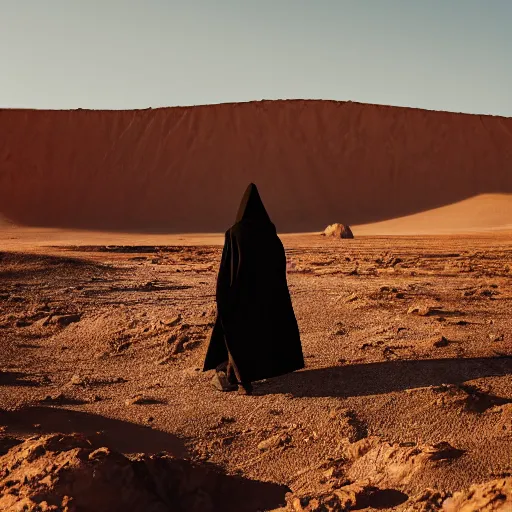 Prompt: a human is wearing a heavy, dark cloak as they walk through a desolate desert landscape with no sign of life around them!!, 2 k photorealism, trending on unsplash, 2 k quality, shot by dennis chen, leonardo ybarra, kenji