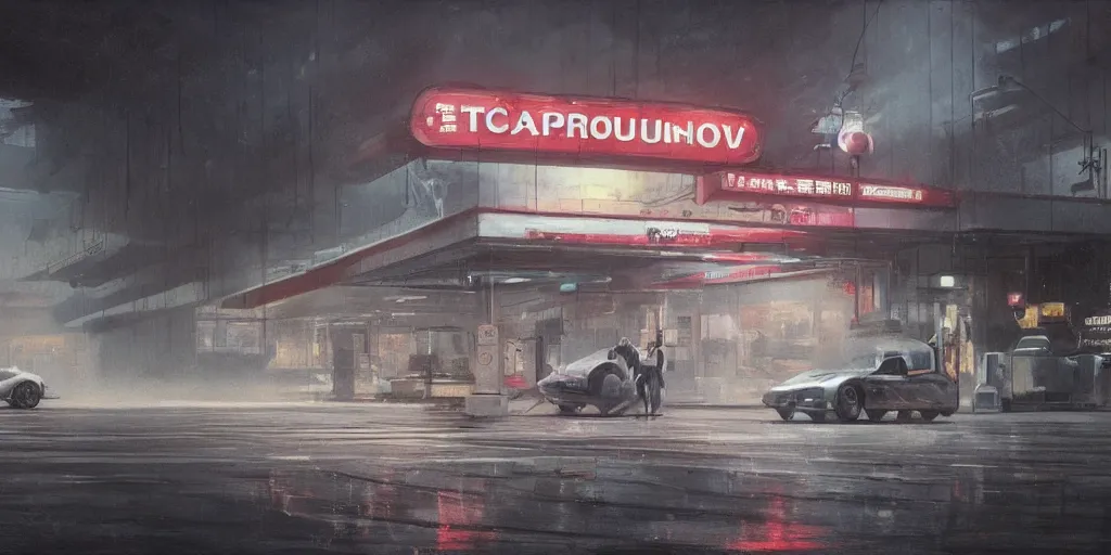 Image similar to a highly detailed epic cinematic concept art CG render digital painting artwork: Tokyo gas station, fog. By Greg Rutkowski, in the style of Francis Bacon and Syd Mead and Norman Rockwell and Beksinski, open ceiling, highly detailed, painted by Francis Bacon and Edward Hopper, painted by James Gilleard, surrealism, airbrush, Ilya Kuvshinov, WLOP, Stanley Artgerm, very coherent, triadic color scheme, art by Takato Yamamoto and James Jean