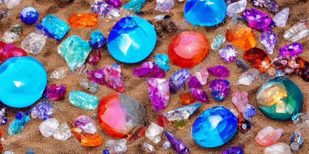 Image similar to Round, transparent and colorful crystals on the beach by the sea, professional photography