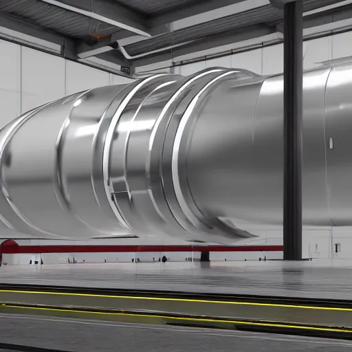 Image similar to big metallic capsule connected to pipelines, purpose is pump, standing in large industrial hall, designed by best engineers, raytracing, reflections