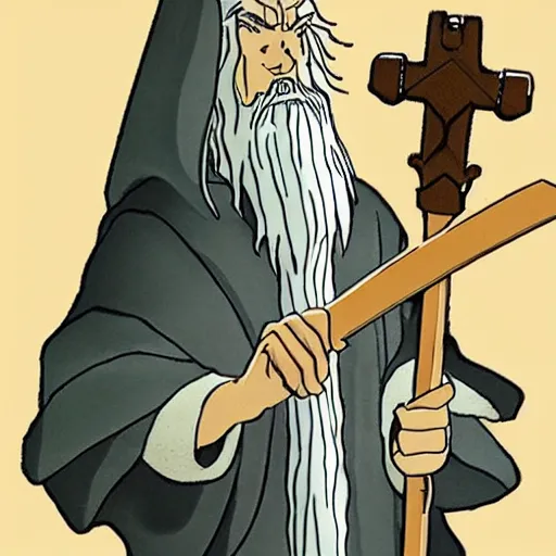 Image similar to gandalf from the anime lord of the rings (1986), holding a wooden staff, studio ghibli, very detailed, realistic