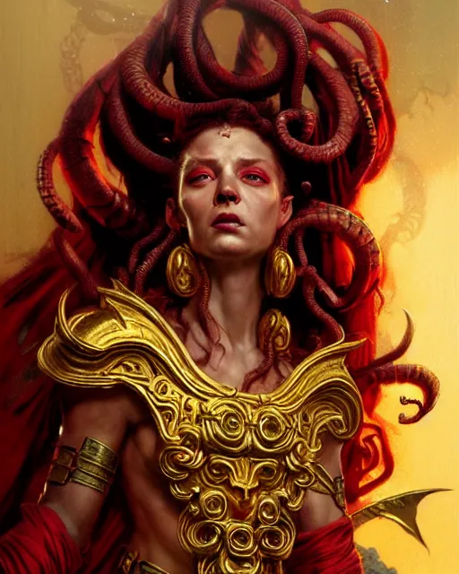 Image similar to fierce medusa in an epic red and golden robe, fantasy character portrait, ultra realistic, concept art, intricate details, highly detailed by greg rutkowski, gaston bussiere, craig mullins, simon bisley