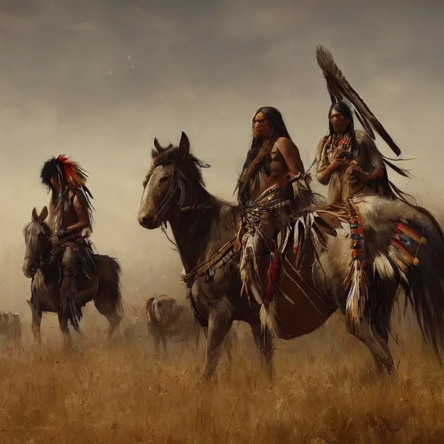 Prompt: a painting of native americans in the plains by greg rutkowski, dark fantasy art, high detail, trending on artstation