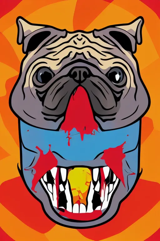 Image similar to Evil pug, the devil, sticker, blood thirsty, blood, evil, colorful, illustration, highly detailed, simple, smooth and clean vector curves, no jagged lines, vector art, smooth