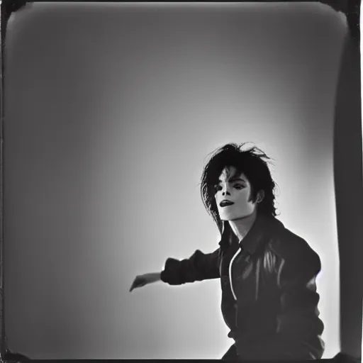 Prompt: photo of Michael Jackson by Diane Arbus, black and white, high contrast, Rolleiflex, 55mm f/4 lens