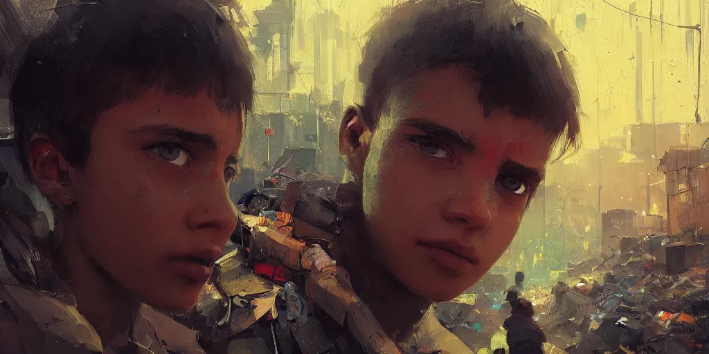 Prompt: extreme closeup on the beautiful eyes of a neon guard boy with short dark hair in front of a crowd with piles of garbage by Ismail inceoglu dragan bibin hans thoma, Perfect face, fine details, realistic shaded, fine-face, pretty face