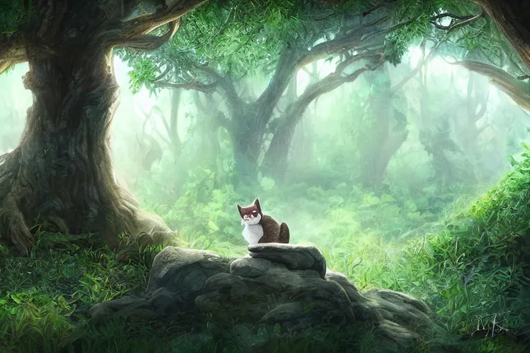 Prompt: a cat in a forest, highly detailed, digital art, trending on artstation, backlighting, by kawacy, by wayne mclouglin, by don bluth