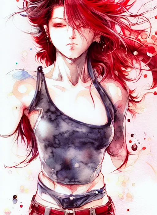 Image similar to fullbody!! yoshitaka amano and ayami kojima lineart, watercolour, gorgeous girl symmetrical face, short red hair, crop top, shorts, dynamic action pose, hyper detailed, character concept, intricate, elegant, digital painting, artstation, smooth, sharp focus