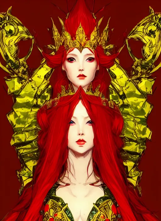 Prompt: Full body portrait of a beautiful red haired elven queen wearing red, green and gold ceremonial queen dress and elaborate golden crown. In style of Yoji Shinkawa and Hyung-tae Kim, trending on ArtStation, dark fantasy, great composition, concept art, highly detailed.