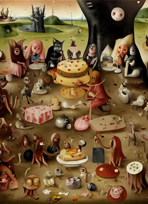 Image similar to fnafs eating cakes painted by hieronymous bosch, detailed digital art, trending on Artstation