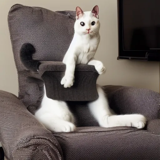 Prompt: a cat sitting on a chair like a human with his paw on armrest of the chair watching tv