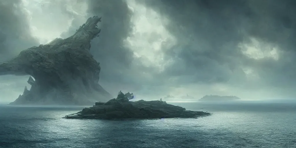 Image similar to screenshot from a movie, epic matte painting of an island, cinematic cinematography masterpiece, greg rutkowski, and ivan aivazovski, roger deakins, giger