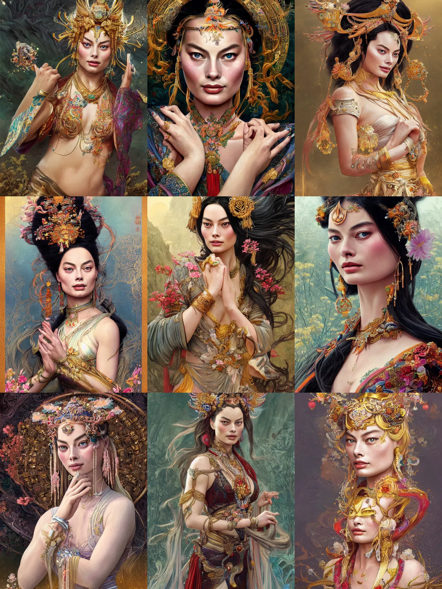 Prompt: Margot Robbie as a Chinese Goddess, cute, fantasy, intricate, elegant, highly detailed, digital painting, 4k, HDR, concept art, detailed jewelry, smooth, sharp focus, illustration, art by Artgerm and H R Giger and Greg Rutkowski and Alphonse Mucha