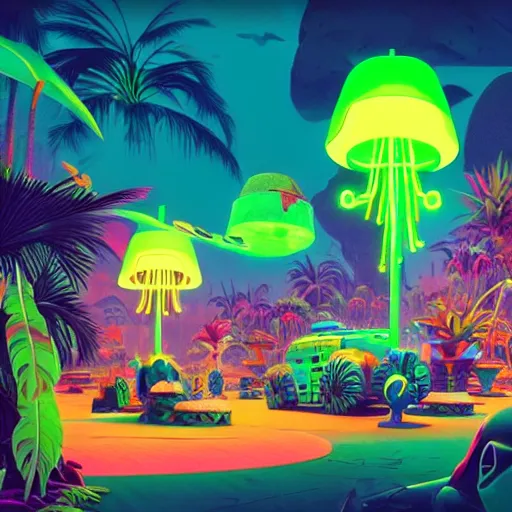 Image similar to a bioluminescent neon tropical market by paolo eleuteri serpieri and tomer hanuka and chesley bonestell and daniel merriam and tomokazu matsuyama, unreal engine, high resolution render, featured on artstation, octane, 8 k, highly intricate details, vivid colors, vector illustration