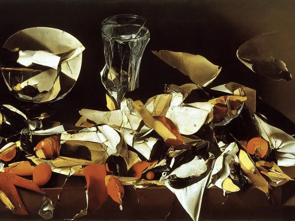 Image similar to by Michelangelo Merisi da Caravaggio Still Life with broken shattered wine bottles