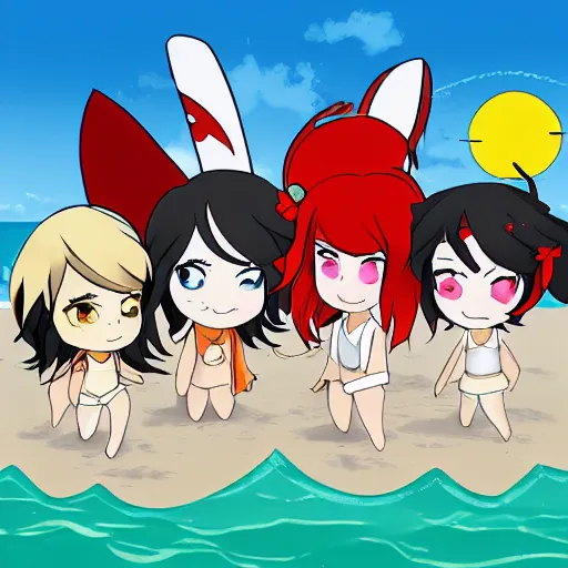 Prompt: Team RWBY at the beach, in the style of RWBY, sunny day,