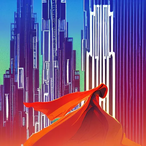 Image similar to a man in a long red cloak standing on the edge of the building looking at the city scape, synthwave digital art