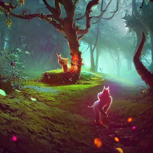 Image similar to cats walking through a magical forest, fantasy, intricate, elegant, highly detailed, digital painting artstation, blender, unreal engine 5, octane render, smooth, sharp focus, illustration, by Anton Fadeev and Philipp A. Urlich and Pengzhen Zhang and Andreas Rocha