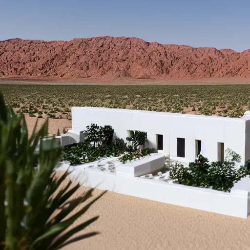 Image similar to white lego architect building in the dessert, with a lot plants and infinite pool