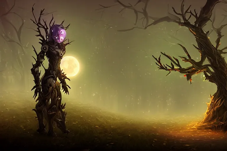 Image similar to a robotic tree humanoid, cute, dark fantasy, foggy, misty, ambient lights, dark lights, moon glow, digital art, video game character, league of legends, glows,