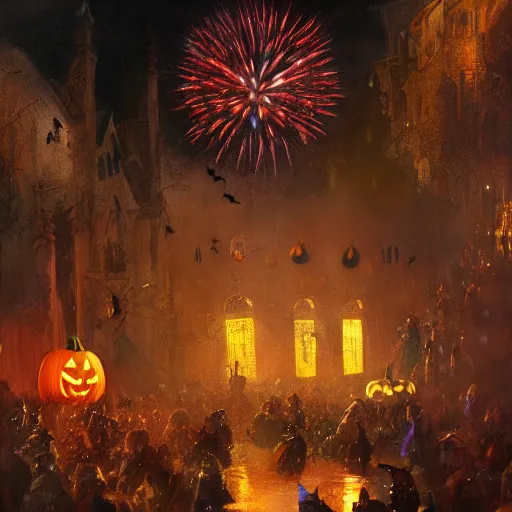 Image similar to halloween festival with colorful fireworks, 8 k octane beautifully detailed render, post - processing, extremely hyper - detailed, intricate, epic composition, cinematic lighting, masterpiece, trending on artstation, masterpiece, stunning art by anders zorn, wonderful masterpiece by greg rutkowski, beautiful cinematic