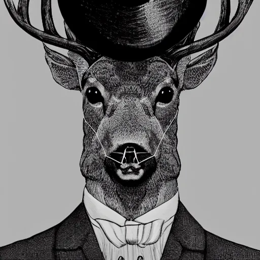 Image similar to a upper body portrait of a deer lord with monocle and top hat, intricate detail, digital art, trending on artstation