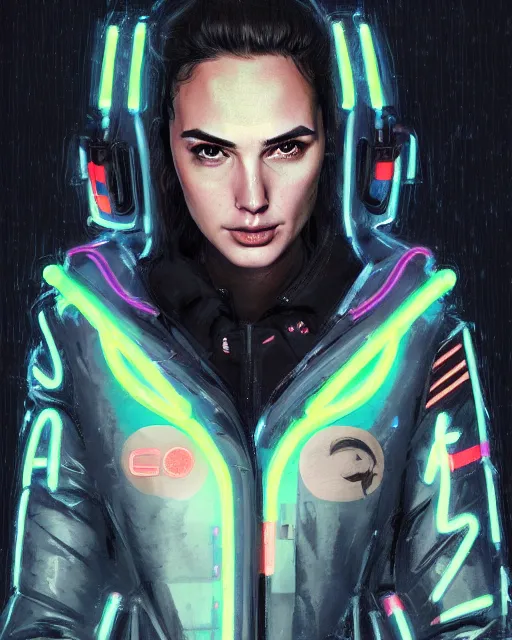 Image similar to detailed portrait Gal Gadot Neon Operator Girl, cyberpunk futuristic neon, reflective puffy coat, decorated with traditional Japanese ornaments by Ismail inceoglu dragan bibin hans thoma greg rutkowski Alexandros Pyromallis Nekro Rene Maritte Illustrated, Perfect face, fine details, realistic shaded, fine-face, pretty face