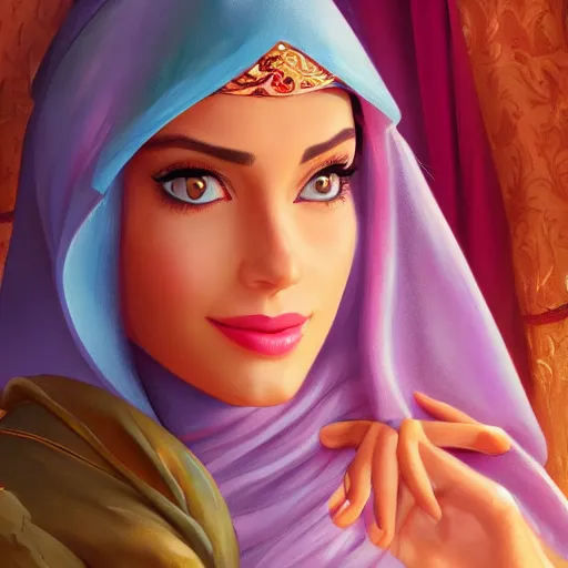 Image similar to a portrait of an arabian princess in a disney movie, oil painting, pale colors, high detail, 8 k, wide angle, trending on artstation,