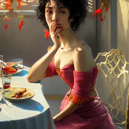 Image similar to a dinner date with the girl next door, slice of life, varying ethnicities, modern, realistic, looking at the camera, enjoying life!!! elegant, highly detailed, digital painting, artstation, concept art, matte, sharp focus, illustration, art by artgerm and greg rutkowski and alphonse mucha