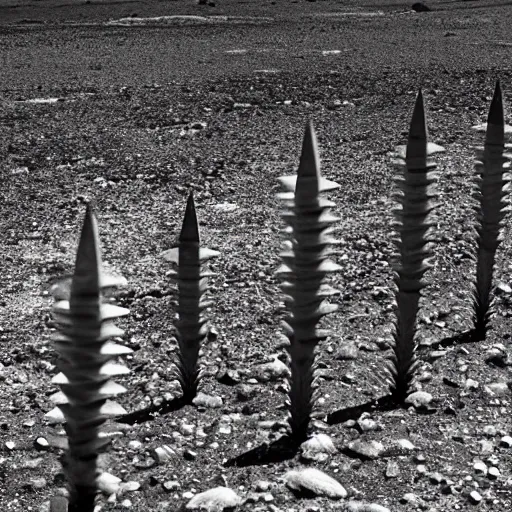 Prompt: radioactive spike field, monolithic granite spikes, one lone person standing in front of the spikes, creepy monotone black and white lighting, post nuclear fallout, desolate, no life, high resolution, old photo,