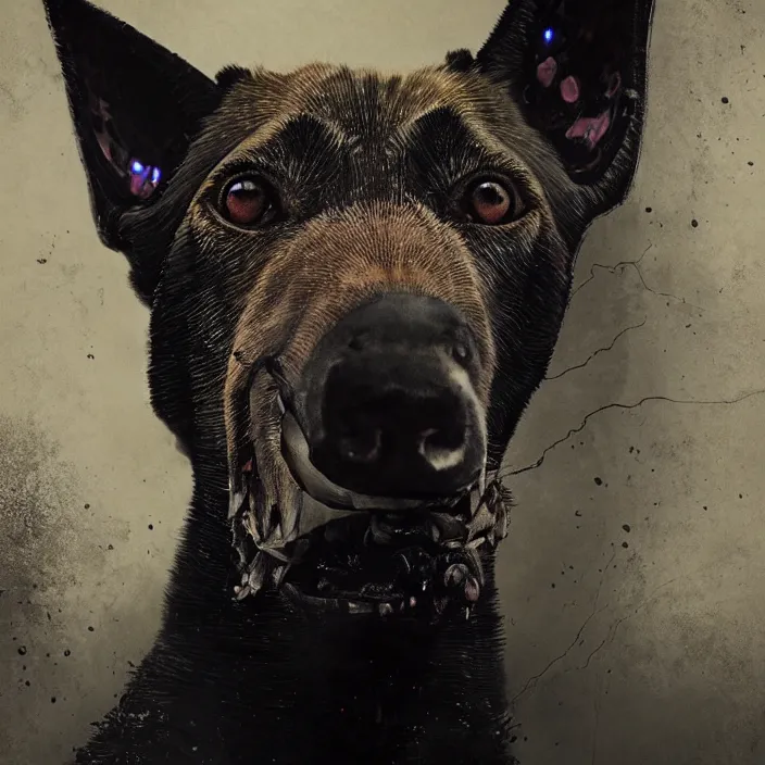 Prompt: portrait of belgian malinois as zombie. intricate abstract. intricate artwork. by Tooth Wu, wlop, beeple, dan mumford. octane render, trending on artstation, greg rutkowski, very coherent symmetrical artwork. cinematic, hyper realism, high detail, octane render, 8k, iridescent accents, deep blacks