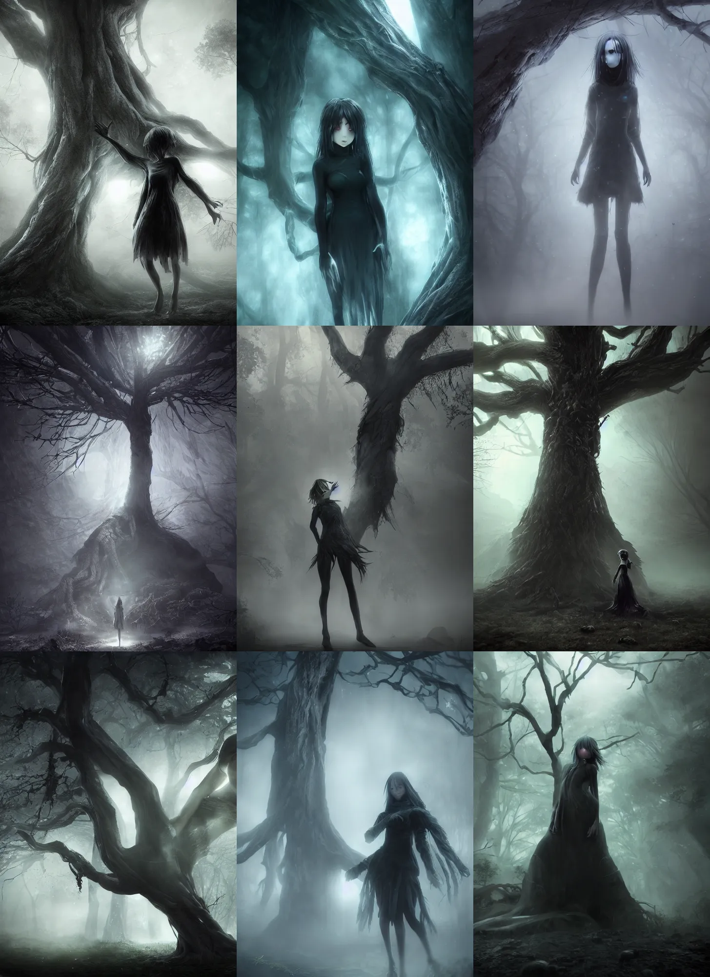 Prompt: plasma body, anime spectral female character, emerge from big old creepy tree, mist aura, black eyes melt, full body portrait, photorealistic, volumetric lighting, octane rendering, dark and mysterious, atmospheric, ominous, creepy, cinematic, real, concept art, Epic, 8k, 4k, ultra detail, ultra realistic, trading art station, rendered by awesomeness