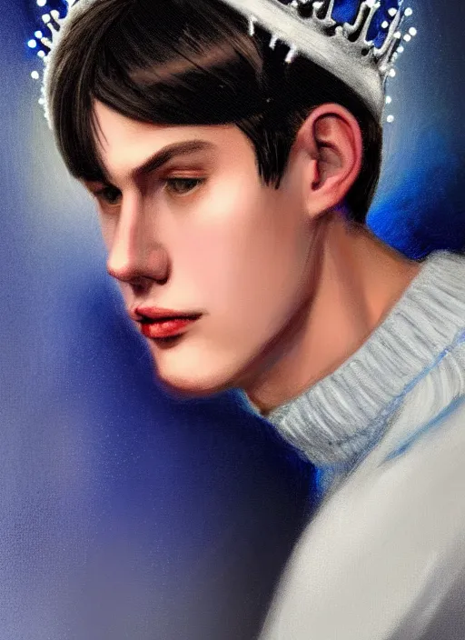 Image similar to portrait of teenage jughead jones wearing a light grey crown, crown, blue turtleneck, 1 9 5 0 s, closed eyes, photorealistic, black hair, glowing lighting, intricate, elegant, glowing lights, highly detailed, digital painting, artstation, concept art, smooth, sharp focus, illustration, art by wlop, mars ravelo and greg rutkowski