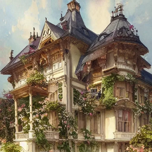 Prompt: a beautifull intricate watercolour painting of a mansion with many flowers, reflexions, verry high details by william turner art, greg rutkowski and alphonse mucha, trending on artstation, very very detailed, masterpiece, - h 7 0 4