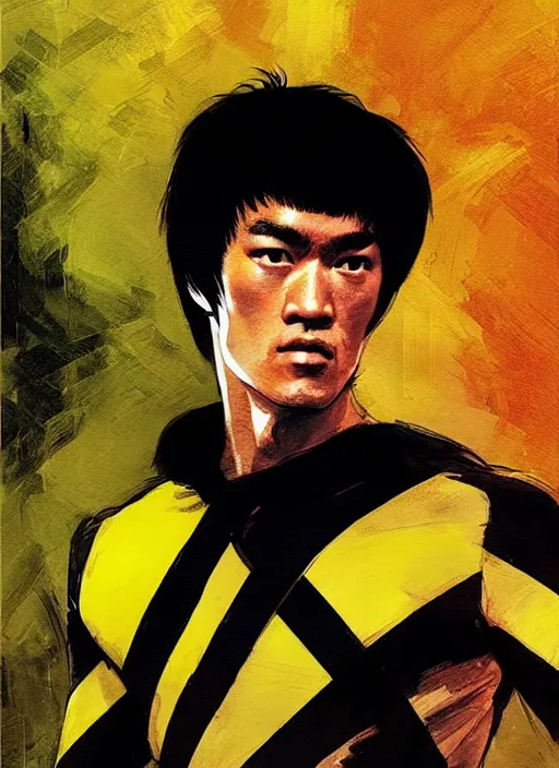 Prompt: bruce lee as a yellow and black stripes luxurious power ranger by greg rutkowski, claude monet, conrad roset, takato yomamoto, rule of thirds, sigma look, beautiful