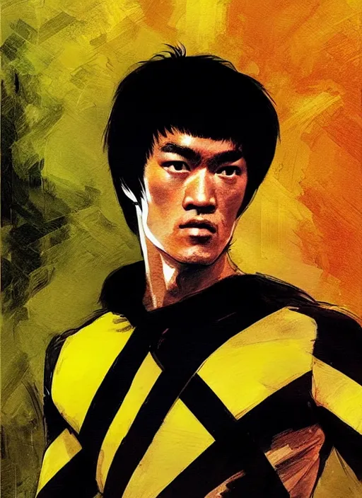 Image similar to bruce lee as a yellow and black stripes luxurious power ranger by greg rutkowski, claude monet, conrad roset, takato yomamoto, rule of thirds, sigma look, beautiful