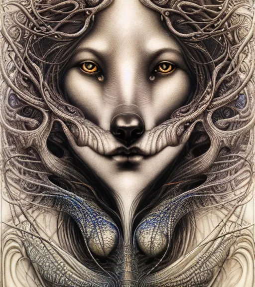 Image similar to detailed realistic beautiful wolf goddess face portrait by jean delville, gustave dore, iris van herpen and marco mazzoni, art forms of nature by ernst haeckel, art nouveau, symbolist, visionary, gothic, neo - gothic, pre - raphaelite, fractal lace, intricate alien botanicals, ai biodiversity, surreality, hyperdetailed ultrasharp octane render