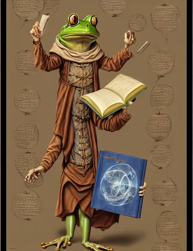 Prompt: anthropomorphic bipedal frog that is dressed as a medieval librarian, and holding a giant book in his hand, as a matte oil painting and d & d character art, by alex grey, standing, fullbody, floating bubbles, scrolls, scribe, concept art, award - winning, extremely detailed, sharp focus