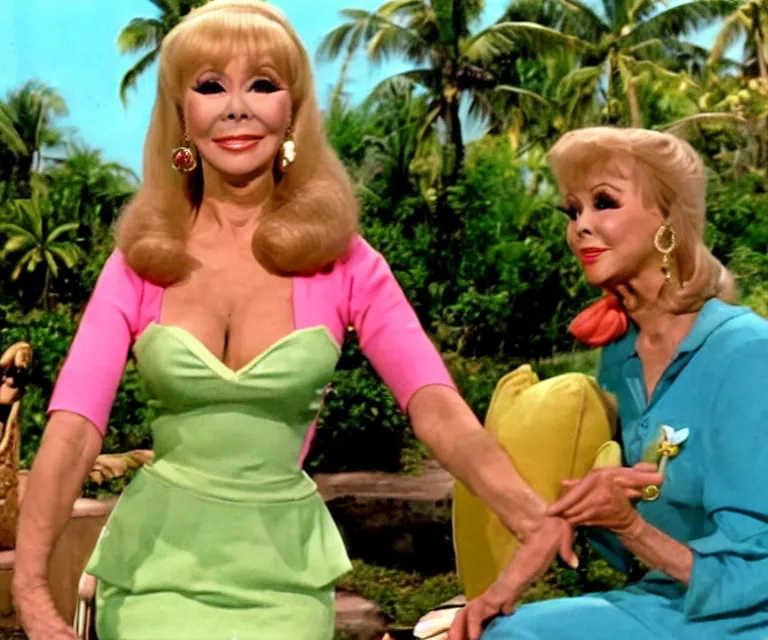 Prompt: barbara eden as jeannie is a guest - star on an episode of gilligan's island with gilligan and the skipper, video still, hyperrealistic, very detailed and lifelike