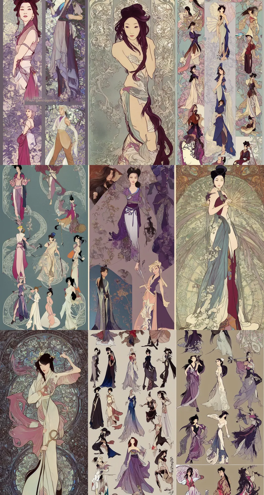 Prompt: Character concept and fashion spot illustrations from the Final Fantasy and Disney's Mulan mashup, full-body, bloom, dynamic poses, diaphanous cloth, intricate crystalline and feather jewelry, ornate, filigree, arcane, cinematic lighting, by Alphonse Mucha, by James Gurney, by Bouguereau, by Rubens, fantasy, portfolio illustration, highly detailed, trending on Artstation, CGsociety, HQ, 8k, 35mm lens, f2.8, Bokeh,