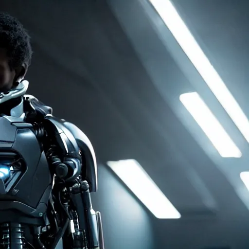 Image similar to movie still of a cool black cyborg, cinematic composition, cinematic light, by edgar wright