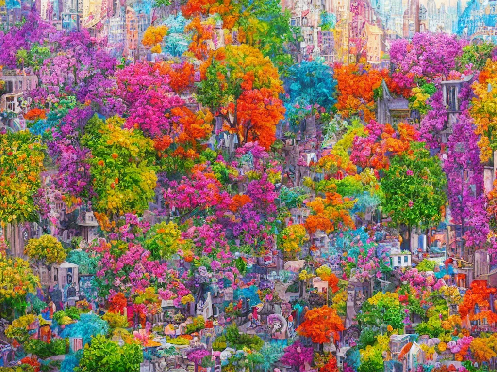 Prompt: city in bloom, colorful detailed painting, lots of details, 4k