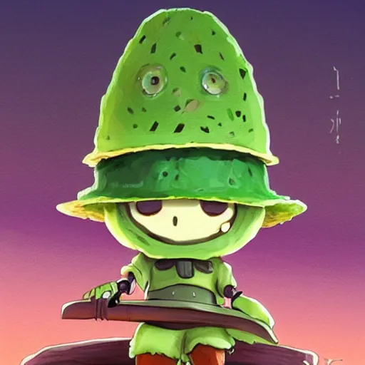 Image similar to cute little robot with big avocado hat and a carrot sword, made in abyss style